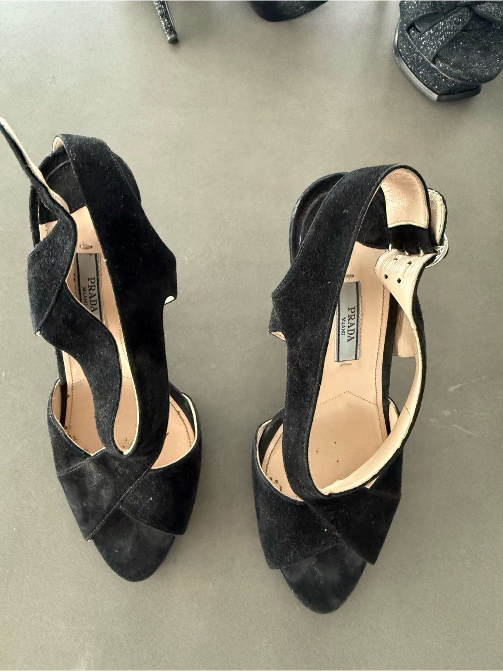 Prada Black Suede Open-Toe Ankle-Strap Heels